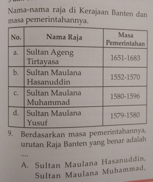 Nama-nama raja di Kerajaan Banten dan
masa pemerintahannya.
9. Berdasarkan masa pem
urutan Raja Banten yang benar adalah
…
A. Sultan Maulana Hasanuddin,
Sultan Maulana Muhammad,