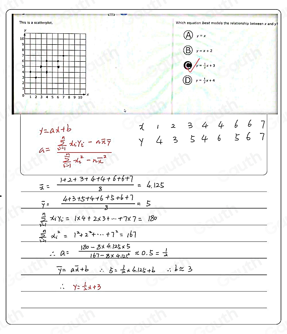 This is a scatterplot. Which equation best models the relationship between x and y
y
10
A y=x
9
8
B y=x+2
7
6
5
y= 1/2 x+3
4
3
2
y= 1/2 x+4
1
0 1 2 3 4 5 6 7 B 9 10
4
