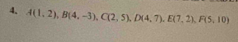 A(1,2), B(4,-3), C(2,5), D(4,7), E(7,2), F(5,10)