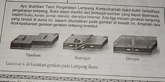 Ayo Buktikan Teori Pergerakan Lempeng Kumpulkanlah bukti-bukti teriadinya 
pergerakan lempeng. Bukti dapat diambil darl berbagai sumber yang dapat dipercaya, 
seperti buku, koran, jurnal, televisi, dan situs internet. Ada tiga macam gerakan lempeng 
yang teriadi di dunia ini, seperti dituniukkan pada gambar di bawah ini. Amatilah lalu 
dcskripsikanlah gerakan-gerakan lempeng tersebut. 
Konvergen 
Gambar 6, 10 Gerakan-gerakan pada Lempeng Bum