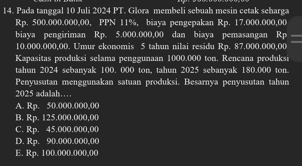 Pada tanggal 10 Juli 2024 PT. Glora membeli sebuah mesin cetak seharga
Rp. 500.000.000,00, PPN 11%, biaya pengepakan Rp. 17.000.000,00
biaya pengiriman Rp. 5.000.000,00 dan biaya pemasangan Rp
10.000.000,00. Umur ekonomis 5 tahun nilai residu Rp. 87.000.000,00
Kapasitas produksi selama penggunaan 1000.000 ton. Rencana produksi
tahun 2024 sebanyak 100. 000 ton, tahun 2025 sebanyak 180.000 ton.
Penyusutan menggunakan satuan produksi. Besarnya penyusutan tahun
2025 adalah…
A. Rp. 50.000.000,00
B. Rp. 125.000.000,00
C. Rp. 45.000.000,00
D. Rp. 90.000.000,00
E. Rp. 100.000.000,00