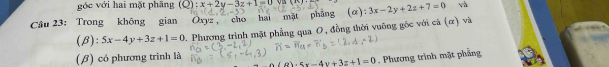 góc với hai mặt phăng (Q) x+2y-3z+1=0
Câu 23: Trong không gian Oxyz, cho hai mặt phẳng (α): 3x-2y+2z+7=0 và 
(β): 5x-4y+3z+1=0 7. Phương trình mặt phẳng qua O, đồng thời vuông góc với cả (α) và 
(β) có phương trình là
5x-4y+3z+1=0. Phương trình mặt phẳng