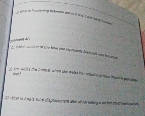 g3. What is happening between points 2 and 3, and now do you mo n 
mponent 4C 
()1. Which section of the blue line represents Ana's walk home from whool 
02. Ana walks the fastest when she walks from school to her house. Whost on thie gragh indrobes that? 
Q3. What is Ana's total displacement after all her walking to and from schaol? How do you fode?