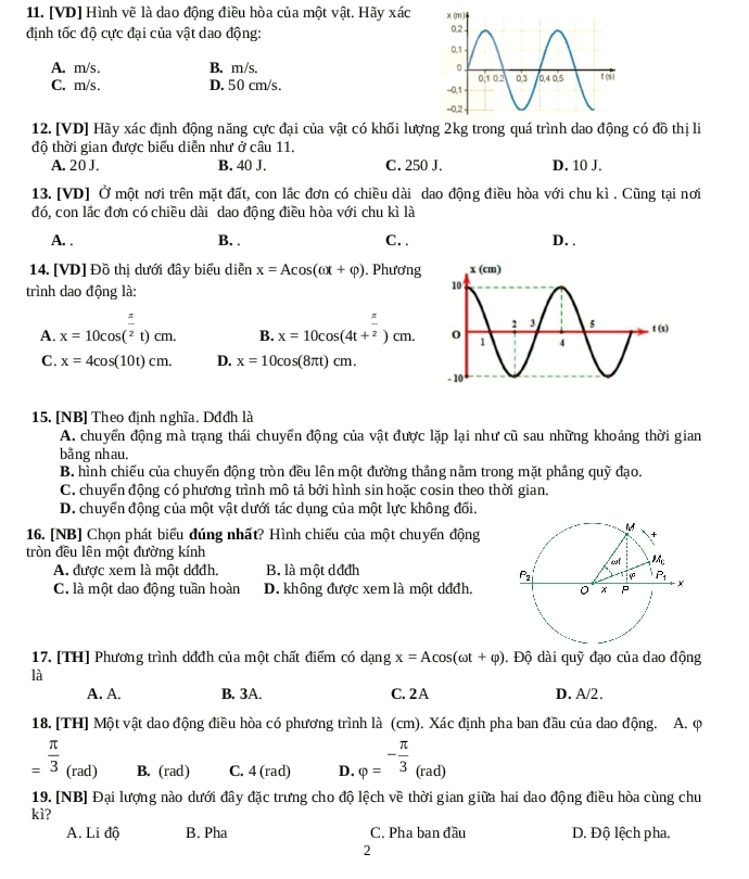 [VD] Hình vẽ là dao động điều hòa của một vật. Hãy xác 
định tốc độ cực đại của vật dao động:
A. m/s. B. m/s.
C. m/s. D. 50 cm/s. 
12. [VD] Hãy xác định động năng cực đại của vật có khối lượng 2kg trong quá trình dao động có đồ thị li
độ thời gian được biểu diễn như ở câu 11.
A. 20 J. B. 40 J. C. 250 J. D. 10 J.
13. [VD] Ở một nơi trên mặt đất, con lắc đơn có chiều dài dao động điều hòa với chu kì . Cũng tại nơi
đó, con lắc đơn có chiều dài dao động điều hòa với chu kì là
A. . B. . C. . D. .
14. [VD] Đồ thị dưới đây biểu diễn x=Acos (omega t+varphi ). Phương
trình dao động là:
A x=10cos (^ π /2 t)cm. B. x=10cos (4t+^ π /2 )cm.
C. x=4cos (10t)cm. D. x=10cos (8π t)cm.
15. [NB] Theo định nghĩa. Dđđh là
A. chuyển động mà trạng thái chuyển động của vật được lặp lại như cũ sau những khoảng thời gian
bằng nhau.
B. hình chiếu của chuyến động tròn đều lên một đường thắng nằm trong mặt phẳng quỹ đạo.
C. chuyển động có phương trình mô tả bởi hình sin hoặc cosin theo thời gian.
D. chuyển động của một vật dưới tác dụng của một lực không đối.
16. [NB] Chọn phát biểu đúng nhất? Hình chiếu của một chuyến động
tròn đều lên một đường kính
A. được xem là một dđđh, B. là một dđđh
C. là một dao động tuần hoàn D. không được xem là một dđđh.
17. [TH] Phương trình dđđh của một chất điểm có dạng x=Acos (omega t+varphi ).  Độ dài quỹ đạo của dao động
là
A. A. B. 3A. C.2A D. A/2.
18. [TH] Một vật dao động điều hòa có phương trình là (cm). Xác định pha ban đầu của dao động. A. φ
= π /3  (rad) B. (rad) C. 4 (rad) D. varphi =^- π /3 (rad)
19. [NB] Đại lượng nào dưới đây đặc trưng cho độ lệch về thời gian giữa hai dao động điều hòa cùng chu
kì?
A. Li độ B. Pha C. Pha ban đầu D. Độ lệch pha.
2