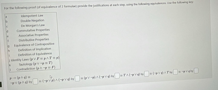 For the following proof (of equivalence of 2 formulae) provide the justifications at each step, using the following equivalences. Use the following key: 
a Idempotent Law 
b Double Negation 
C De Morgan's Law 
d Commutative Properties 
e Associative Properties 
Distributive Properties 
Equivalence of Contrapositive 
Definition of Implication 
Definition of Equivalence 
j Identity Laws Fequiv pwedge Tequiv p)
Tautology p ,v-pequiv T)
Contradiction (pwedge neg pequiv F)
pwedge q)
wedge (neg pvee q |=Twedge (neg pvee q) by □ =(-pvee q)wedge T by □ =-pvee qb □