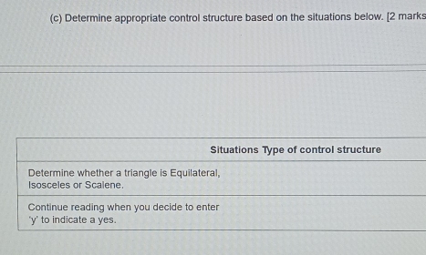 Determine appropriate control structure based on the situations below. [2 marks 
Situations Type of control structure 
Determine whether a triangle is Equilateral, 
Isosceles or Scalene. 
Continue reading when you decide to enter 
' y ' to indicate a yes.