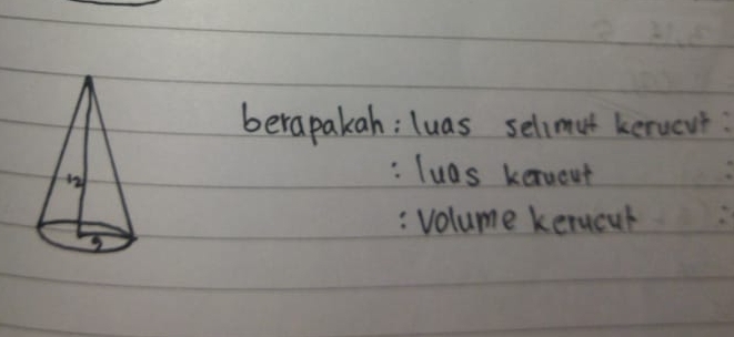 berapakah: luas selimut kerucut: 
: Tuds kerucut 
: Volume kerucut