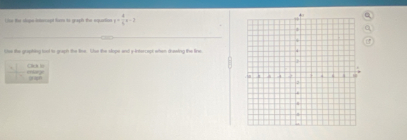 Use the slope-intercept form to graph the equation y= 4/5 x-2
Use the graphing tool to graph the line. Use the slope and y-intercept when drawing the line 
enlange Click to 
grapih