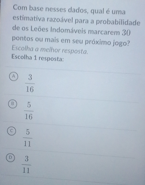 Com base nesses dados, qual é uma
estimativa razoável para a probabilidade
de os Leões Indomáveis marcarem 30
pontos ou mais em seu próximo jogo?
Escolha a melhor resposta.
Escolha 1 resposta:
A  3/16 
B  5/16 
C  5/11 
D  3/11 