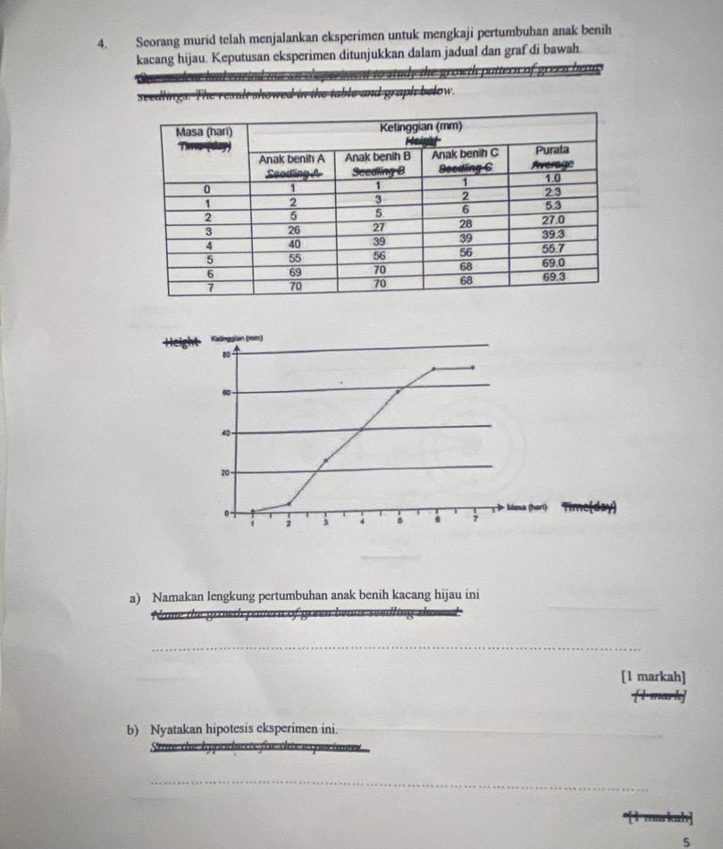 Seorang murid telah menjalankan eksperimen untuk mengkaji pertumbuhan anak benih 
kacang hijau. Keputusan eksperimen ditunjukkan dalam jadual dan graf di bawah. 
ady the growth pattern of green bean 
ble and graph below. 
a) Namakan lengkung pertumbuhan anak benih kacang hijau ini 
Name the grow 
_ 
_ 
[1 markah] 
b) Nyatakan hipotesis eksperimen ini. 
Stae the hypothesis for this e 
_ 
5