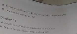 In what way is Thabo a leader and role model in, his commnity 
How does this relate to abuntul 
Question 14 
a) Explain how a SWOT analysis is done on a business. 
b) What is the role of advertising in a business?