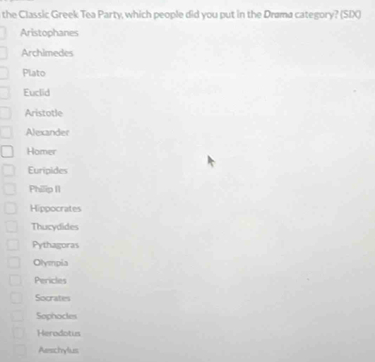 the Classic Greek Tea Party, which people did you put in the Drama category? (SIX) 
Aristophanes 
Archimedes 
Plato 
Euclid 
Aristotle 
Alexander 
Homer 
Euripides 
Philip II 
Hippocrates 
Thucydides 
Pythagoras 
Olympia 
Pericles 
Socrates 
Sophocles 
Herodotus 
Aeschylus