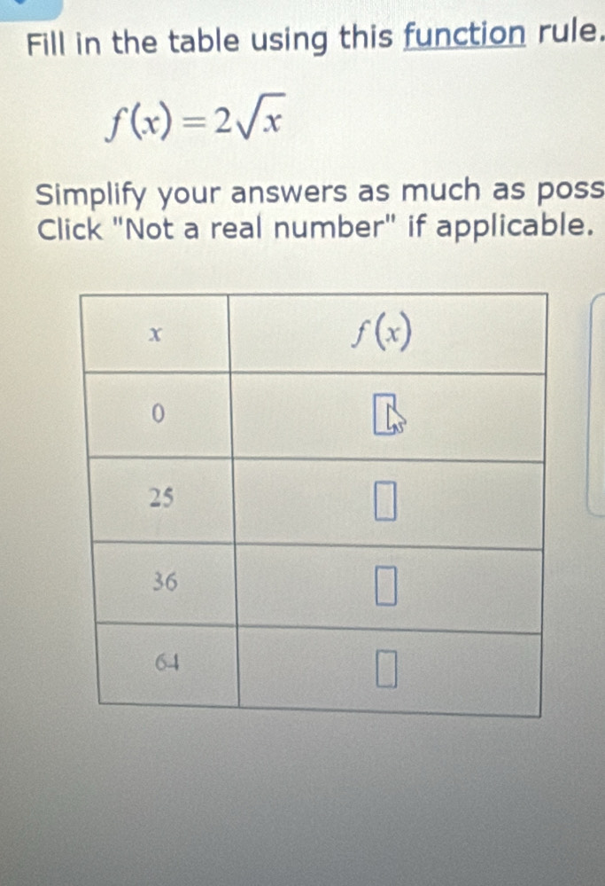 Fill in the table using this function rule.
f(x)=2sqrt(x)
Simplify your answers as much as poss
Click "Not a real number" if applicable.