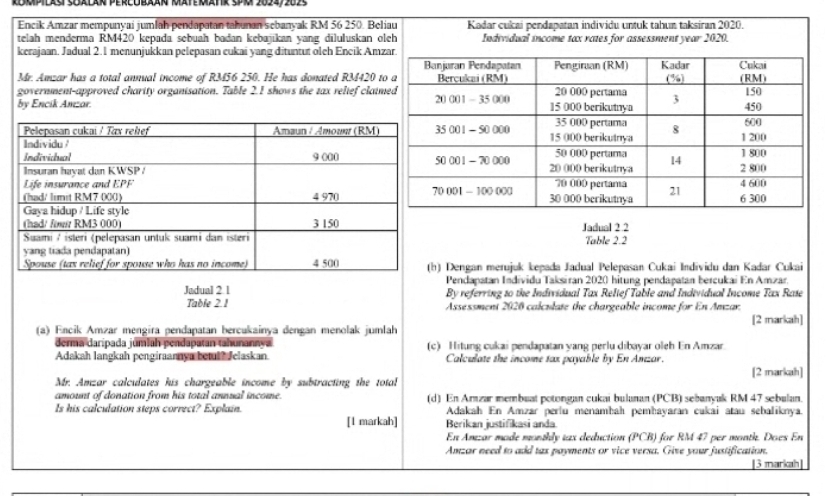 Kompidast Soadar Percobaan Mterank Spa 2024/2025
Encik Amzar mempunyai jumlah pendapatan tahunan sebanyak RM 56 250. Bel
telah menderma RM420 kepada sebuah badan kebajikan yang diluluskan o
kerajaan. Jadual 2.1 menunjukkan pelepasan cukai yang dituntut oleh Encik Amz
Mr. Amzar has a total annual income of RM56 250. He has donated RM420 t
government-approved charity organisation. Table 2.I shows the tax relief claim
by Encik Amzar. 
Jadual 2 2
Table 2.2
Dengan merujuk kepada Jadual Pelepasan Cukai Individu dan Kadar Cukai
Pendapatan Individu Taksiran 2020 hitung pendapatan bercukai En Amzar.
Jadual 2 1 By referring to the Individual Tax Relief Table and Individual Income Tax Rase
Table 2.1 Assessment 2020 calculate the chargeable income for En Anzar.
(a) Encik Amzar mengira pendapatan bercukainya dengan menolak jumlah [2 markah]
derma darípada júmlah pendapatan tahunannva
Adakah langkah pengiraannya betul? Jelaskan (c) Hitung cukai pendapatan yang perlu dibayar oleh En Amzar.
Calculate the income tax payable by En Anzar.
[2 markah]
Mr. Amzar calculates his chargeable income by subtracting the total
amount of donation from his total annual income.
Is his calculation steps correct? Explain. (d) En Arnzar membuat potongan cukai bulanan (PCB) sebanyak RM 47 sebulan.
Adakah En Amzar perlu menamhah pemhayaran cukai atau sehaliknya.
[l markah] Berikan justifikasi anda
En Anzar made monthly 1ax deduction (PC CB) für RM 47 per manth. Does En
Amzar need to add tax payments or vice versa. Give your justification.
[3 markah]