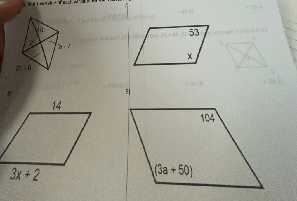 find the value of each variable for each
7)
8)
9)