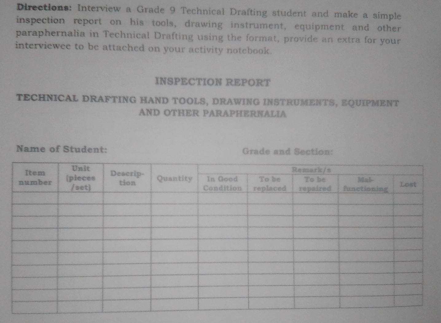 Directions: Interview a Grade 9 Technical Drafting student and make a simple 
inspection report on his tools, drawing instrument, equipment and other 
paraphernalia in Technical Drafting using the format, provide an extra for your 
interviewee to be attached on your activity notebook. 
INSPECTION REPORT 
TECHNICAL DRAFTING HAND TOOLS, DRAWING INSTRUMENTS, EQUIPMENT 
AND OTHER PARAPHERNALIA 
Name of Student: Grade and Section: