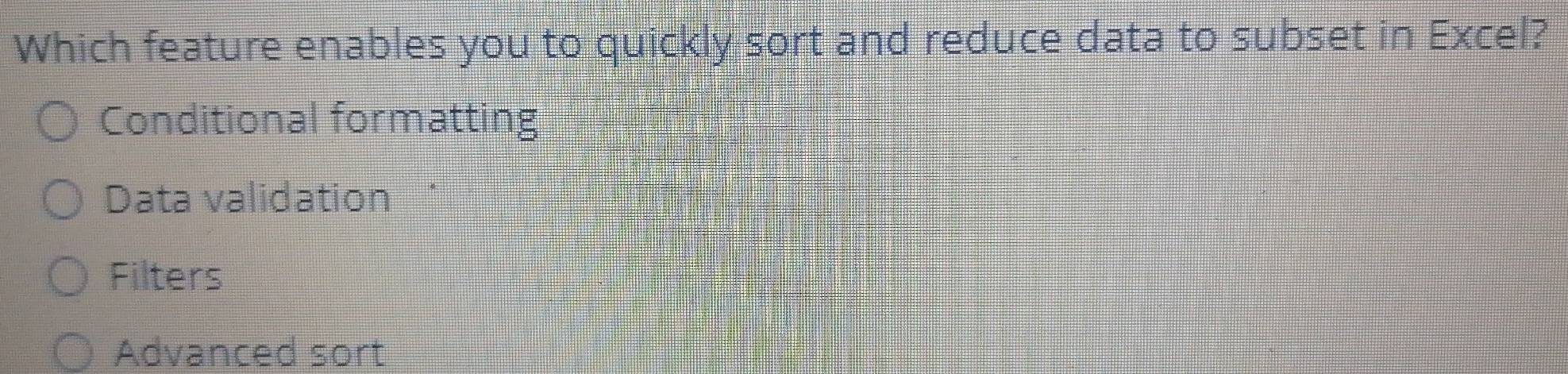 Which feature enables you to quickly sort and reduce data to subset in Excel?
Conditional formatting
Data validation
Filters
Advanced sort