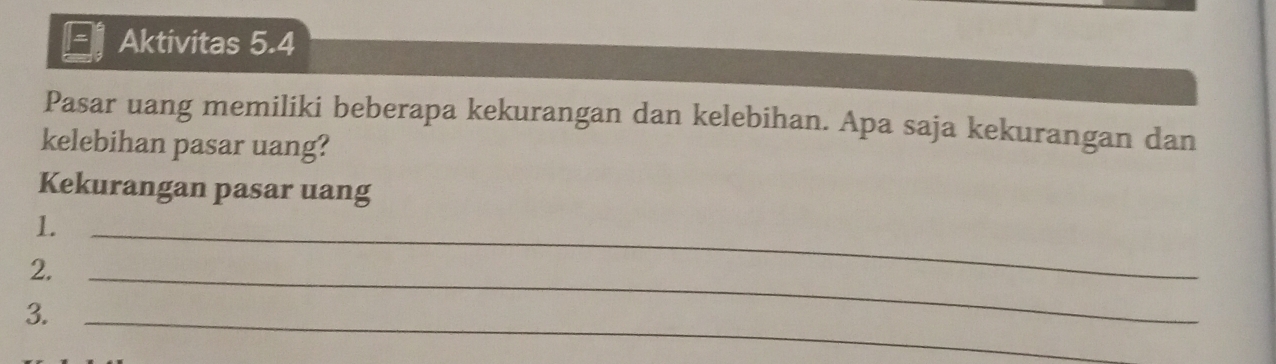 Aktivitas 5.4 
Pasar uang memiliki beberapa kekurangan dan kelebihan. Apa saja kekurangan dan 
kelebihan pasar uang? 
Kekurangan pasar uang 
1._ 
2._ 
3._