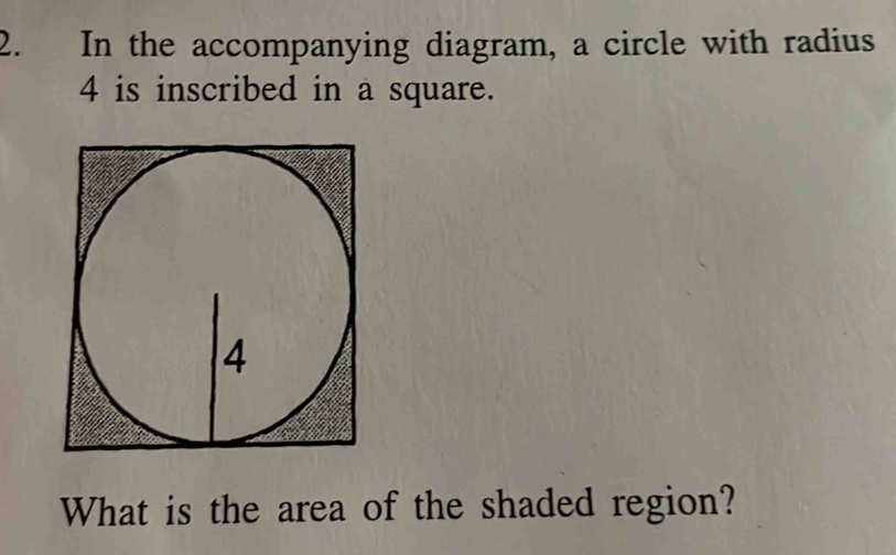 In the accompanying diagram, a circle with radius
4 is inscribed in a square. 
What is the area of the shaded region?