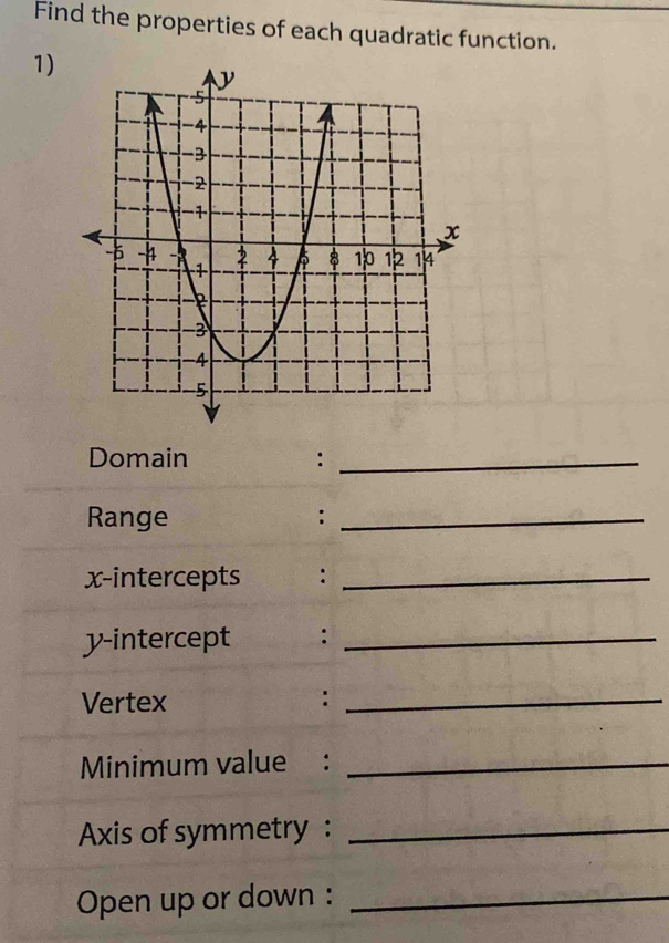 Find the properties of each quadratic function. 
1) 
Domain :_ 
Range :_ 
x-intercepts :_ 
y-intercept :_ 
Vertex :_ 
Minimum value :_ 
Axis of symmetry :_ 
Open up or down :_