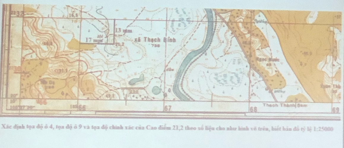 Xác định tọa độ ô 4, tọa độ ô 9 và tọa độ chính xác của Cao điểm 21,2 theo số liệu cho như hình vẽ trên, biết bản đồ tỷ lệ 1:25000