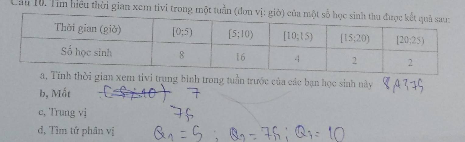 Cầu 10: Tìm hiệu thời gian xem tivi trong một tuần (đơn
hời gian xem tivi trung bình trong tuần trước của các bạn học sinh này
b, Mốt
c, Trung vị
d, Tìm tứ phân vị