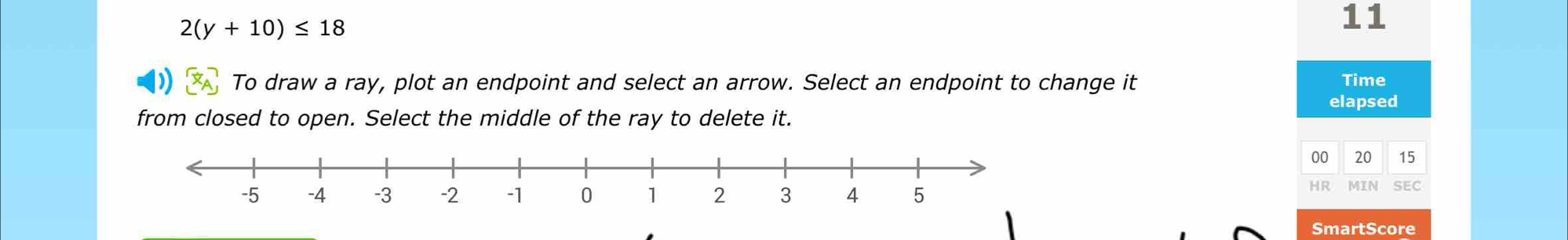 2(y+10)≤ 18
11 
To draw a ray, plot an endpoint and select an arrow. Select an endpoint to change it Time 
from closed to open. Select the middle of the ray to delete it. elapsed 
00 20 15
HR MIN SEC 
SmartScore