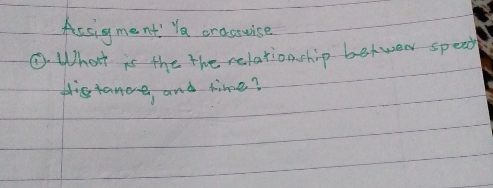 Assigment' Ya cracuise 
①. What is the the relationship betwer speat 
pistance, and time?