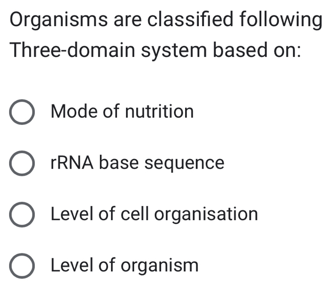 Organisms are classified following
Three-domain system based on:
Mode of nutrition
rRNA base sequence
Level of cell organisation
Level of organism