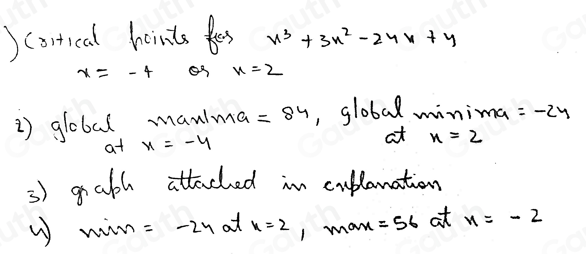 )Cartical foints flas
x^3+3x^2-24x+y
x=-4
x=2
2) global manima =84 , globad minima =-2y
at x=-4 at x=2
3) gafl attached in cxplanation 
w win =-24 at x=2 I man =56 at x=-2