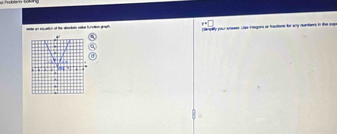 Problem-Solving
Write an equation of the absolute value function graph. y=□
(Simpify your answer. Use integers or fractions for any numbers in the exp