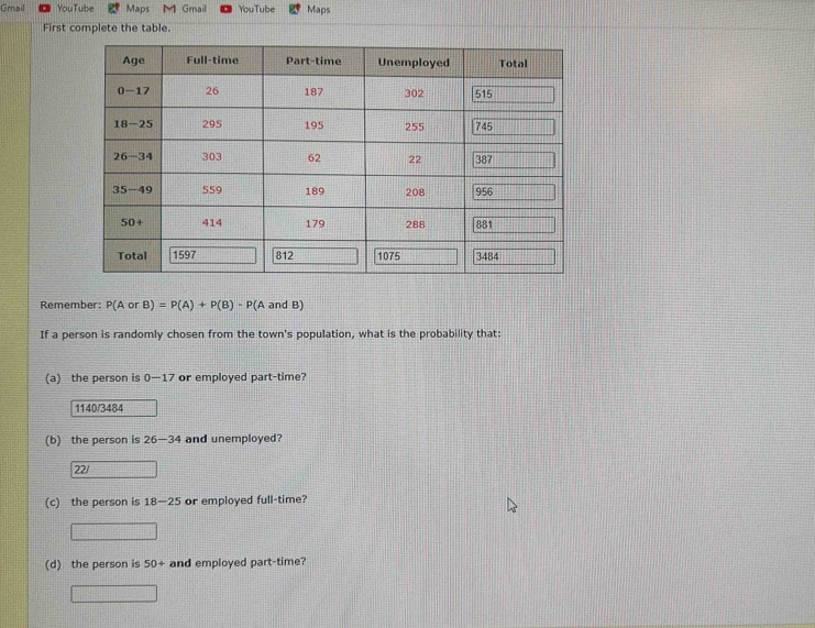 Gmail YouTube Maps Gmail YouTube Maps
First complete the table.
Remember: P(AorB)=P(A)+P(B)-P(A and B)
If a person is randomly chosen from the town's population, what is the probability that:
(a) the person is 0—17 or employed part-time?
1140/3484
(b) the person is 26-34 and unemployed?
221
(c) the person is 18-25 or employed full-time?
(d) the person is 50+ and employed part-time?