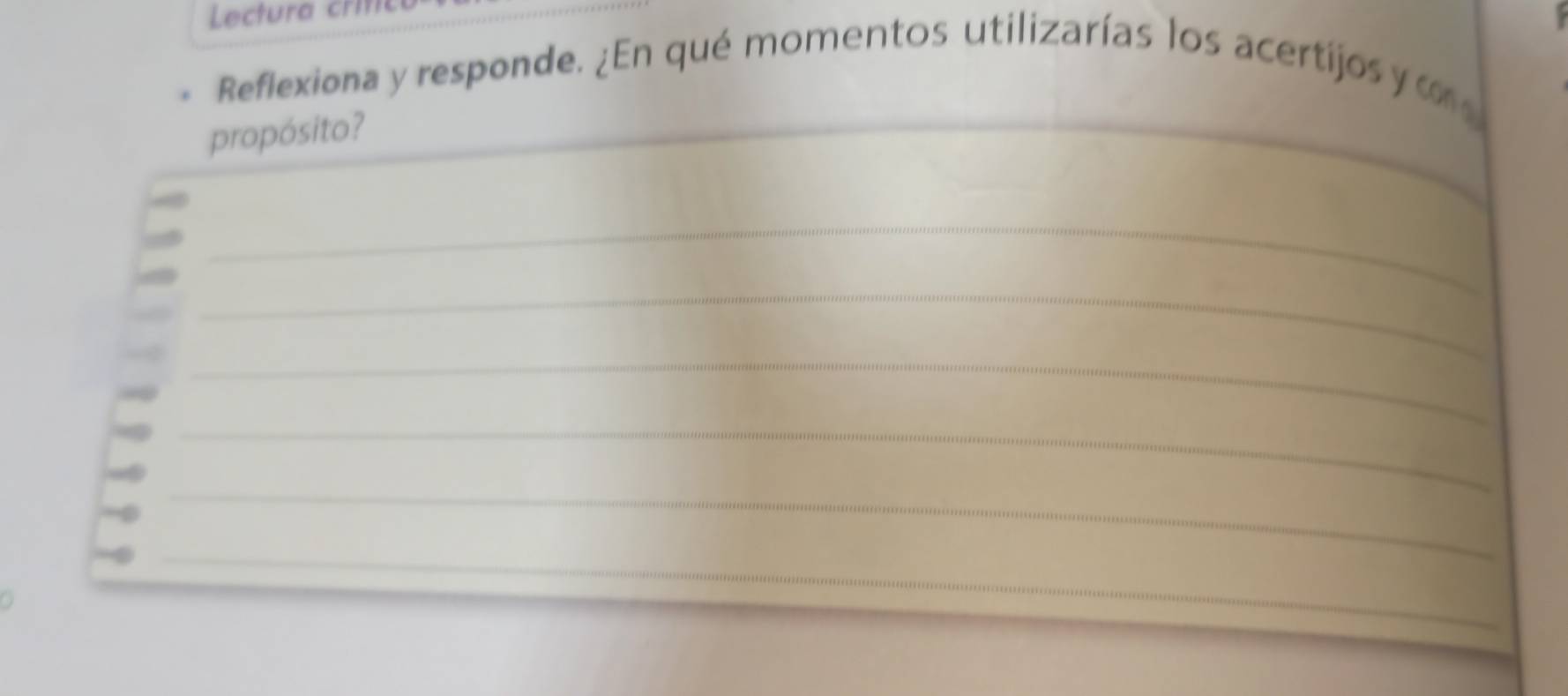 Lectura crm 
Reflexiona y responde. ¿En qué momentos utilizarías los acertijos y co 
_ 
_ 
propósito? 
_ 
_ 
_ 
_ 
_ 
_