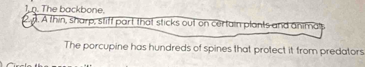 The backbone. 
2. n. A thin, sharp, stiff part that sticks out on certain plants and animals 
The porcupine has hundreds of spines that protect it from predators