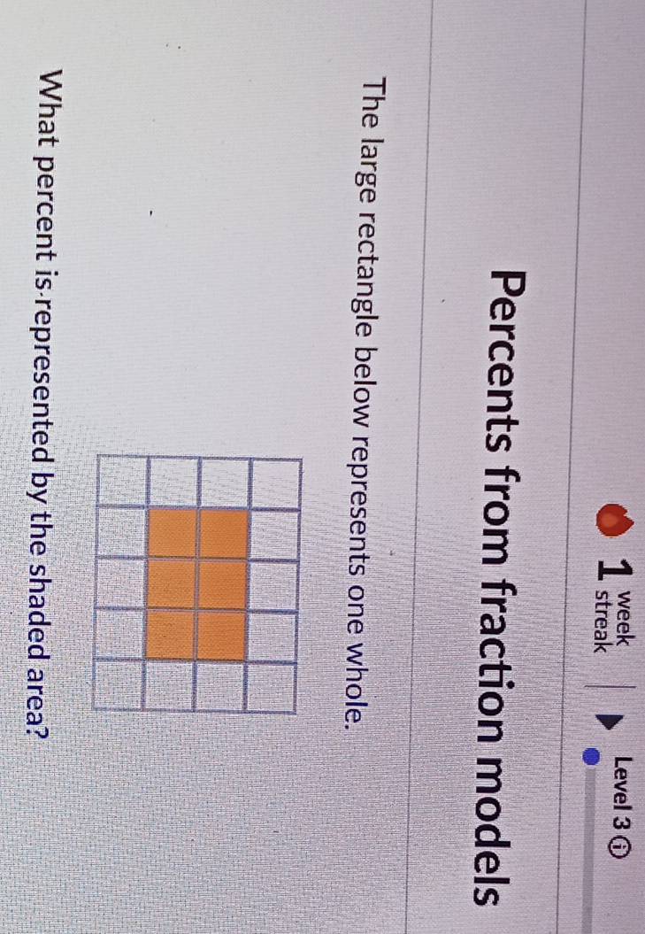 week Level 3 ⓘ 
1 streak 
Percents from fraction models 
The large rectangle below represents one whole. 
What percent is represented by the shaded area?