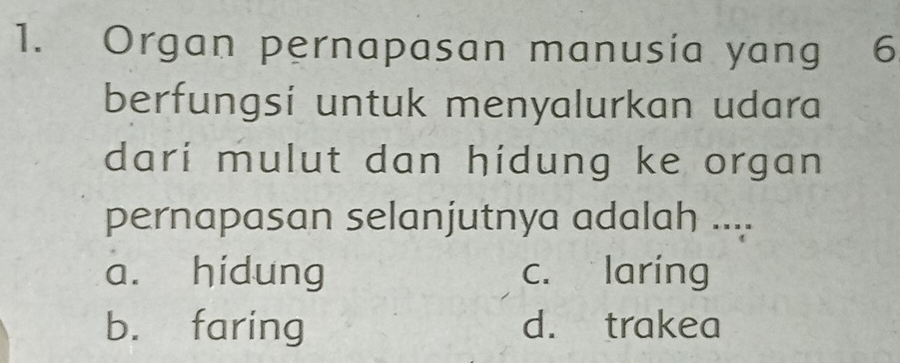 Organ pernapasan manusia yang 6
berfungsi untuk menyalurkan udara
dari mulut dan hidung ke organ
pernapasan selanjutnya adalah ....
a. hidung c. laring
b. faring d. trakea