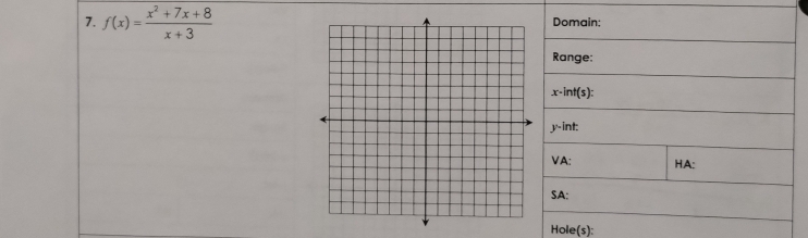 f(x)= (x^2+7x+8)/x+3  Domain: 
Range:
x-int(s) :
y -int: 
VA: HA: 
SA: 
Hole(s):