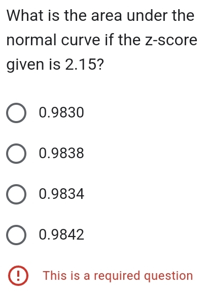 What is the area under the
normal curve if the z-score
given is 2.15?
0.9830
0.9838
0.9834
0.9842
This is a required question