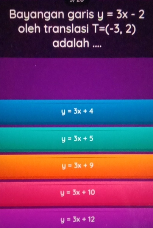 Bayangan garis y=3x-2
oleh translasi T=(-3,2)
adalah ....
y=3x+4
y=3x+5
y=3x+9
y=3x+10
y=3x+12