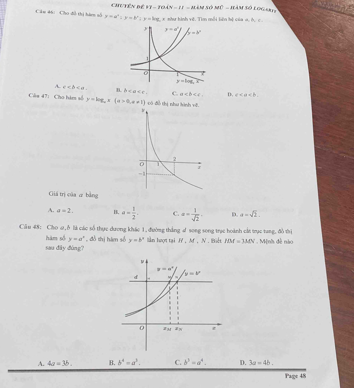 chuyên đê V1 - toán - 11 - hàm số mũ - hàm số logarit
Câu 46: Cho đồ thị hàm số y=a^x;y=b^x;y=log x như hình vẽ. Tìm mối liên hệ của a, b, c.
A. c B. b C. a D. c
Câu 47: Cho hàm số y=log _ax(a>0,a!= 1) có đồ thị như hình vẽ
Giá trị của a bằng
A. a=2. B. a= 1/2 . C. a= 1/sqrt(2) . D. a=sqrt(2).
Câu 48: Cho a,b là các số thực dương khác 1, đường thẳng đ song song trục hoành cắt trục tung, đồ thị
hàm số y=a^x , đồ thị hàm số y=b^x lần lượt tại H , M, N . Biết HM=3MN. Mệnh đề nào
sau đây đúng?
A. 4a=3b. B. b^4=a^3. C. b^3=a^4. D. 3a=4b.
Page 48