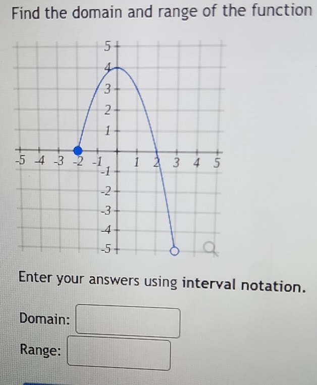 Find the domain and range of the function 
Enter your answers using interval notation. 
Domain: 
Range: