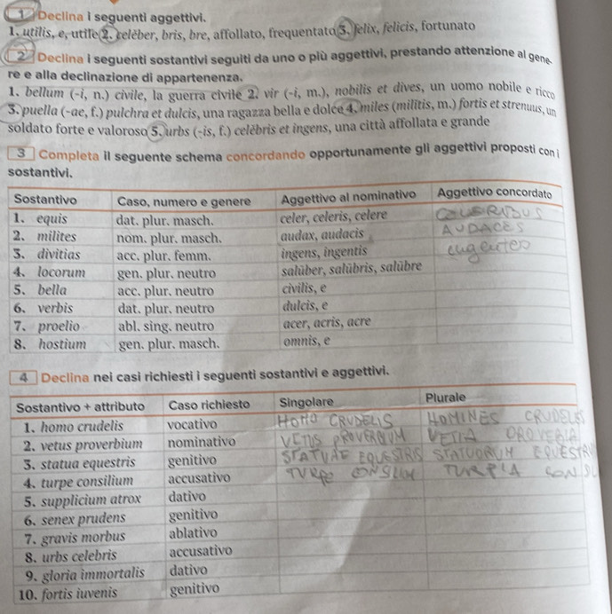 Declina i seguenti aggettivi. 
1. utilis, e, utile 2. relèber, bris, bre, affollato, frequentato 3. felix, felicis, fortunato 
2 Declina i seguenti sostantivi seguiti da uno o più aggettivi, prestando attenzione al gene 
re e alla declinazione di appartenenza. 
1. bellum (-i, n.) civile, la guerra civile 2. vir (~i, m.), nobilis et dives, un uomo nobile e ricco 
3. puella (-αe, f.) pulchra et dulcis, una ragazza bella e dolce 4. miles (milítis, m.) fortis et strenuus, un 
soldato forte e valoroso 5. urbs (-is, f.) celébris et ingens, una città affollata e grande 
3 Completa il seguente schema concordando opportunamente gli aggettivi proposti con i 
s 
richiesti i seguenti sostantivi e aggettivi.