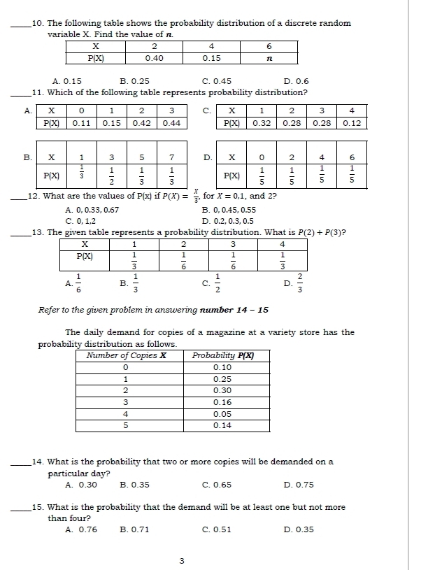 The following table shows the probability distribution of a discrete random
variable X. Find the value of n.
A. 0.15 B. 0.25 C. 0.45 D. 0.6
_11. Which of the following table represents probability distribution?
_12. What are the values of P(x) if P(X)= x/3 , for X=0,1 , and 2?
A. 0, 0.33, 0.67 B. 0, 0.45, 0.55
C. 0, 1,2 D. 0.2, 0.3, 0.5
_13. The given table represents a probability distribution. What is P(2)+P(3) 2
A.  1/6  B.  1/3  C.  1/2  D.  2/3 
Refer to the given problem in answering number 14-15
The daily demand for copies of a magazine at a variety store has the
probability distribution as follows.
_14. What is the probability that two or more copies will be demanded on a
particular day?
A. 0.30 B. 0.35 C. 0.65 D. 0.75
_15. What is the probability that the demand will be at least one but not more
than four?
A. 0.76 B. 0.71 C. 0.51 D. 0.35
3