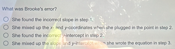 What was Brooke's error?
She found the incorrect slope in step 1.
She mixed up the x - and y-coordinates when she plugged in the point in step 2.
She found the incorrect y-intercept in step 2.
She mixed up the slope and y-intercept when she wrote the equation in step 3.