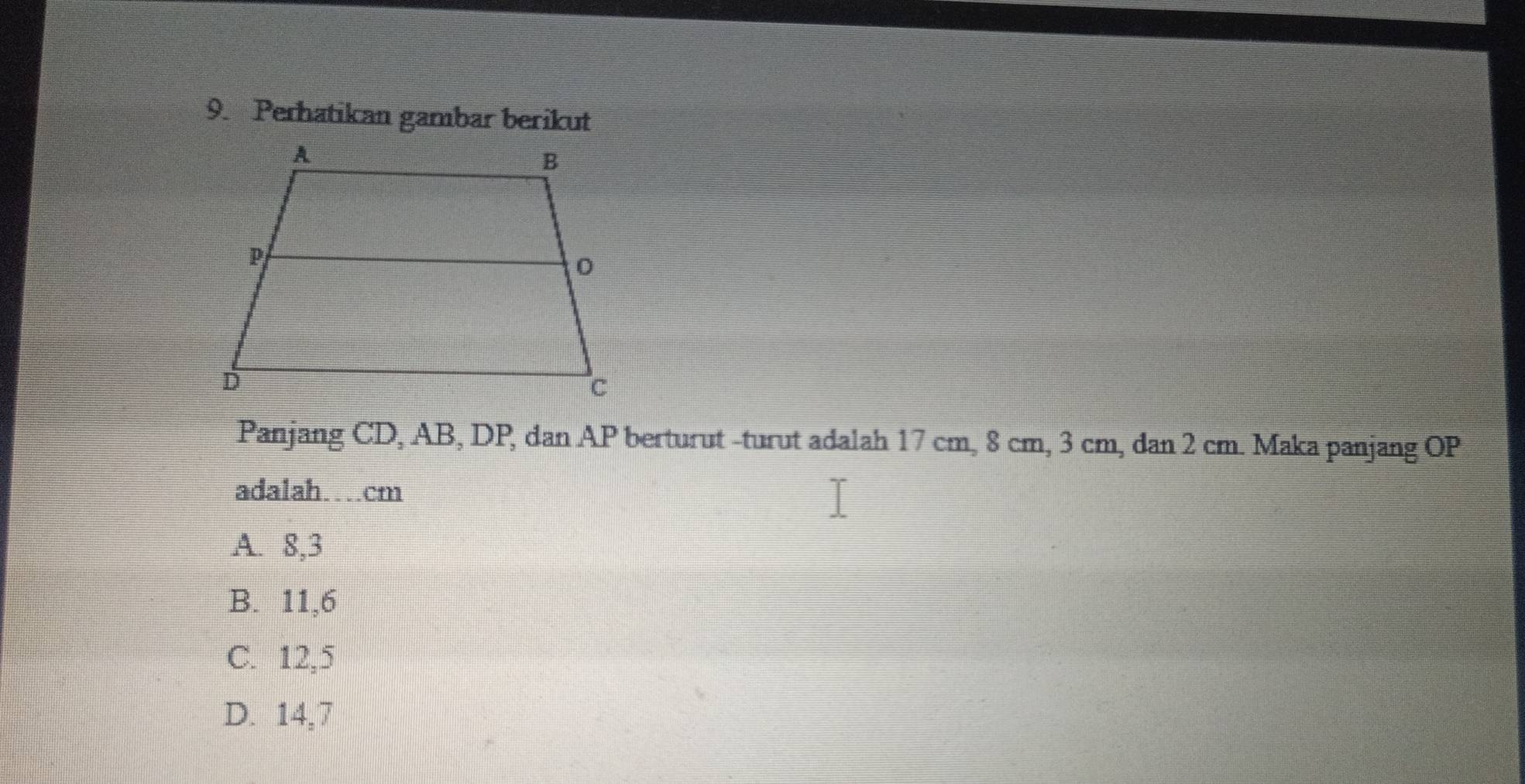 Perhatikan gambar berikut
Panjang CD, AB, DP, dan AP berturut -turut adalah 17 cm, 8 cm, 3 cm, dan 2 cm. Maka panjang OP
adalah…cm
A. 8, 3
B. 11, 6
C. 12, 5
D. 14, 7