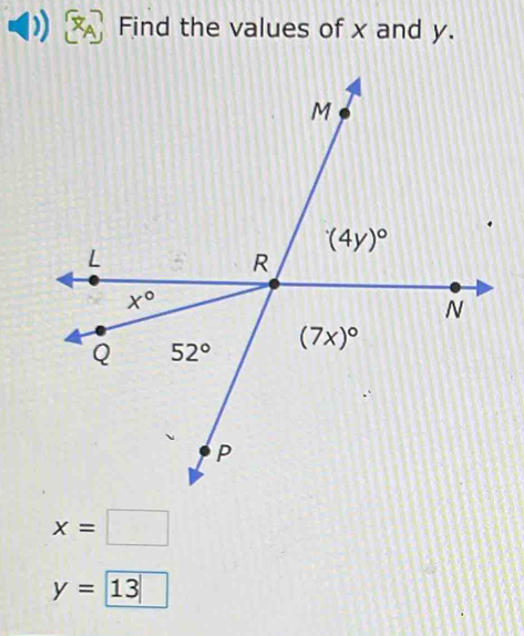 Find the values of x and y.
x=□
y=13