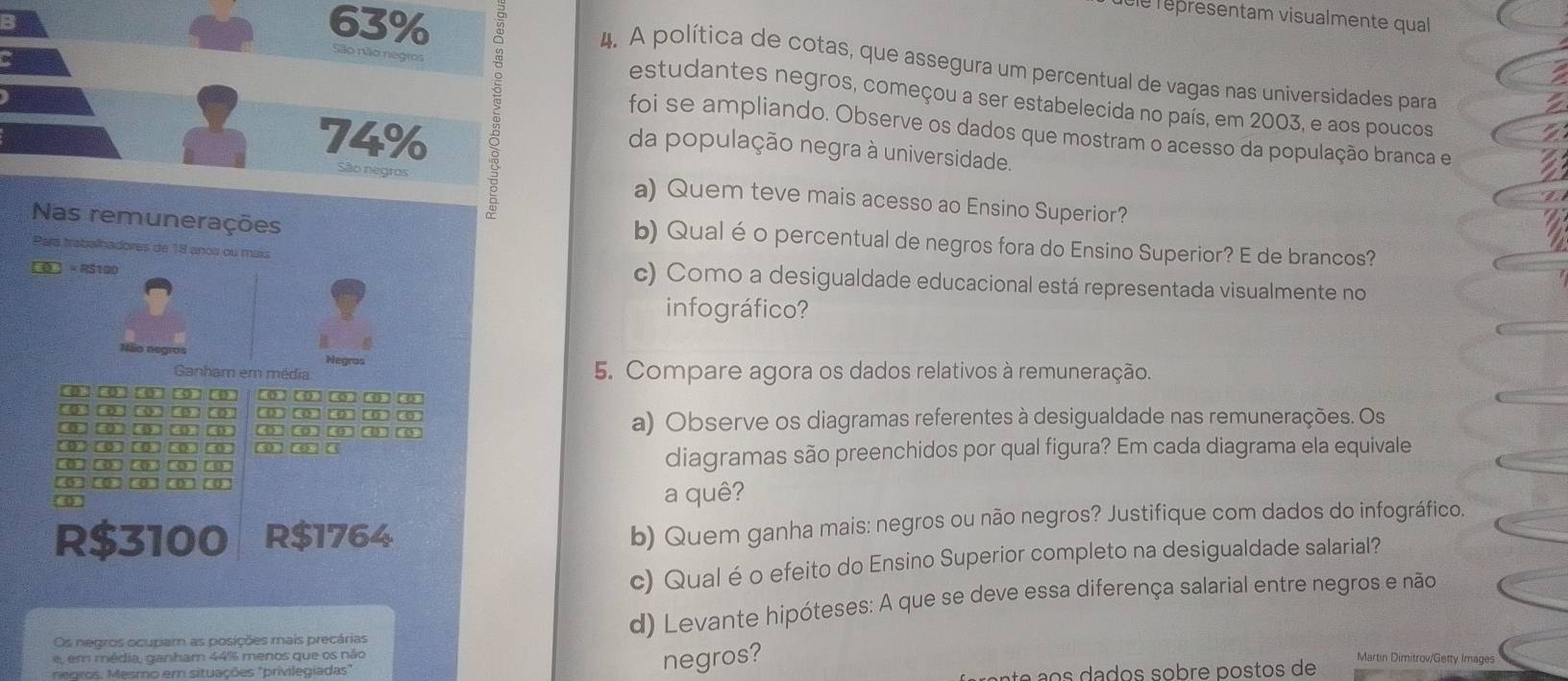 63%
éle répresentam visualmente qual
0
4. A política de cotas, que assegura um percentual de vagas nas universidades para
São não neo estudantes negros, começou a ser estabelecida no país, em 2003, e aos poucos
74%
foi se ampliando. Observe os dados que mostram o acesso da população branca e
da população negra à universidade.
São negros a) Quem teve mais acesso ao Ensino Superior?
Nas remunerações b) Qual é o percentual de negros fora do Ensino Superior? E de brancos?
Para trabalhadores de 18 anos ou mais
【。 RS100
c) Como a desigualdade educacional está representada visualmente no
infográfico?
Não negros
Negros
Ganham em média 5. Compare agora os dados relativos à remuneração.
(D) (D) (D) (D) 0 0  0
“ 0 '  D  0  43
C4BC ` 0° 4 4  C D a) Observe os diagramas referentes à desigualdade nas remunerações. Os
0
( D diagramas são preenchidos por qual figura? Em cada diagrama ela equivale
[0 ]( 0 ' '0' ( 0 ‘ 0 
` 0 a quê?
R$3100 R$1764
b) Quem ganha mais: negros ou não negros? Justifique com dados do infográfico.
c) Qual éo efeito do Ensino Superior completo na desigualdade salarial?
Os negros ocupam as posições mais precárias d) Levante hipóteses: A que se deve essa diferença salarial entre negros e não
e, em média, ganham 44% menos que os não
negros. Mesmo em situações "privilegiadas"
negros?
é   o   a dos sobre postos de Martin Dimitrov/Getty Images