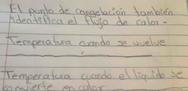 El punto de congelacion fambién 
Adenteficael flujo de calor. 
Temperatora wando so vvelve 
__ 
_ 
_ 
Temperatura coando el liquido se 
convierte oncalox