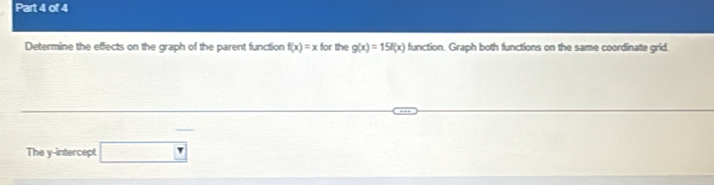 Determine the effects on the graph of the parent function f(x)=x for the g(x)=15F(x) function. Graph both functions on the same coordinate grid. 
The y-intercept □