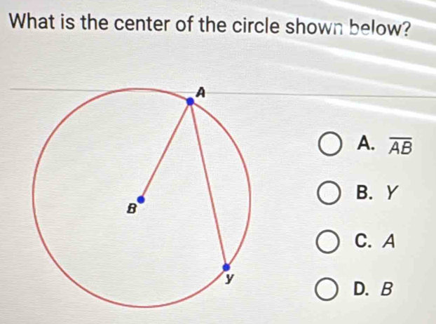 What is the center of the circle shown below?
A. overline AB
B. Y
C. A
D. B